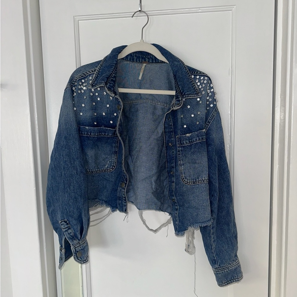 Free People Denim Crystal Studded Jacket